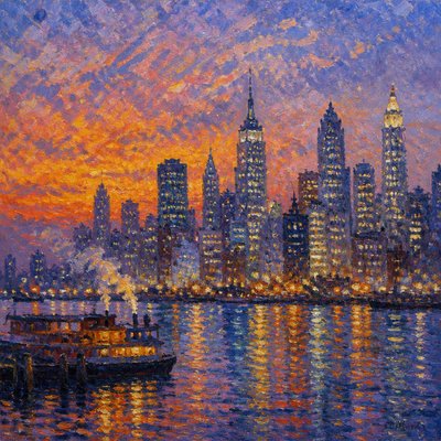 a city skyline at dusk with glowing windows