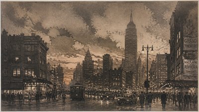 bustling city street panorama at dusk