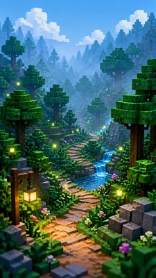 a mysterious forest path with fireflies and drifting mist, atmospheric vertical composition with open space at the top, no text