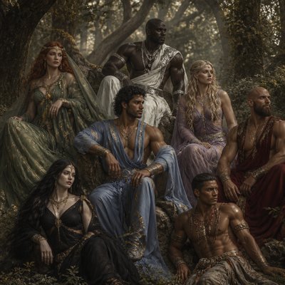 Je veux que tu me fasses des divinités au pluriel, un peu genre ancien très majestueux, mais qu'il soit pas genre vieux genre vers les 40 ans, on commence avec une temme, les cheveux roue, les yeux verts, elle est blanche elle est habillé en voile vert avec des bijoux doré, ensuite un brin, les cheveux un peu noir, genre vraiment cour, il a l'air un peu perse iranien, musclé il est habillé en bleu ciel avec un peu de doré. Un autre homme noir hyper grand et muscles genre enorme . Habillé en blanc et argenté. enfin une femme rose pourpre ou violet claire qui est blonde et or rose ou argenté. Enfin un homme habillé en rouge sombre. Il est blanc le crane rase et une barbe, il est musclé et sa tenue est sans manche. Et une femme blanche habillé en noir les cheveux noir et un homme qui a l’air amérindien il a les cheveux court et il est habillé en marron beige et argenté il est musclé et sans tee shirt genre juste le pantalon Je veux vraiment qu’ils aient 40 ans et qu’il y ait une Vibe de Dieu ancien. Je veux vraiment que qu’on ait l’impression qu’il se repose genre qu’ils sont posés le vent vers les cheveux comme s’il était dans une bande bizarre, et je veux que les couleurs soient pas très agressives, genre qu’elles soient hyper hyper terne. La soie, un duo des voiles.
