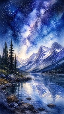 a tranquil mountain lake beneath a starry night sky, no people, no text