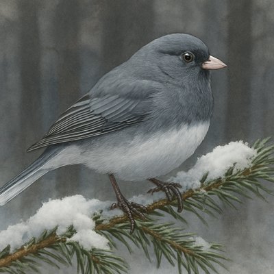 Hyper-realistic watercolor of a male Slate-colored Junco (Northern Junco) perched on a snowy pine branch. Crisp slate-gray body, brilliant white belly, small pink bill. Include a soft flash of white outer tail feathers. Deep shadows in a winter boreal forest, soft overcast light, ultra-detailed feathers.