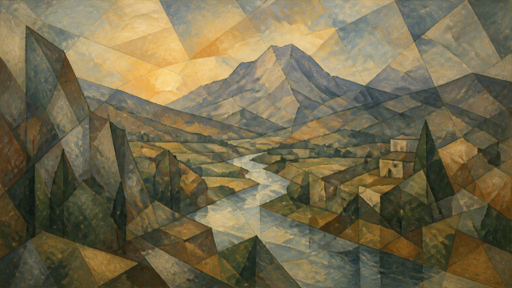a vast valley with a river winding toward distant mountains at sunrise, no people, no text