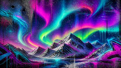 a flowing aurora over snowy peaks, wide sweeping composition, no people, no text