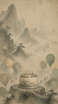 a birthday cake with lit candles surrounded by balloons and confetti, festive vertical composition, no text