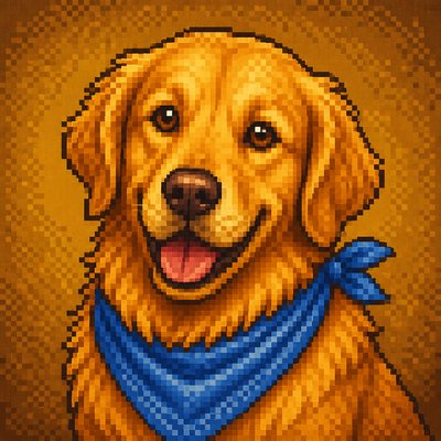 portrait of a golden retriever wearing a blue bandana, warm plain backdrop, no text