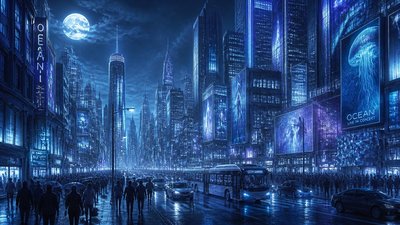 bustling city street panorama at dusk