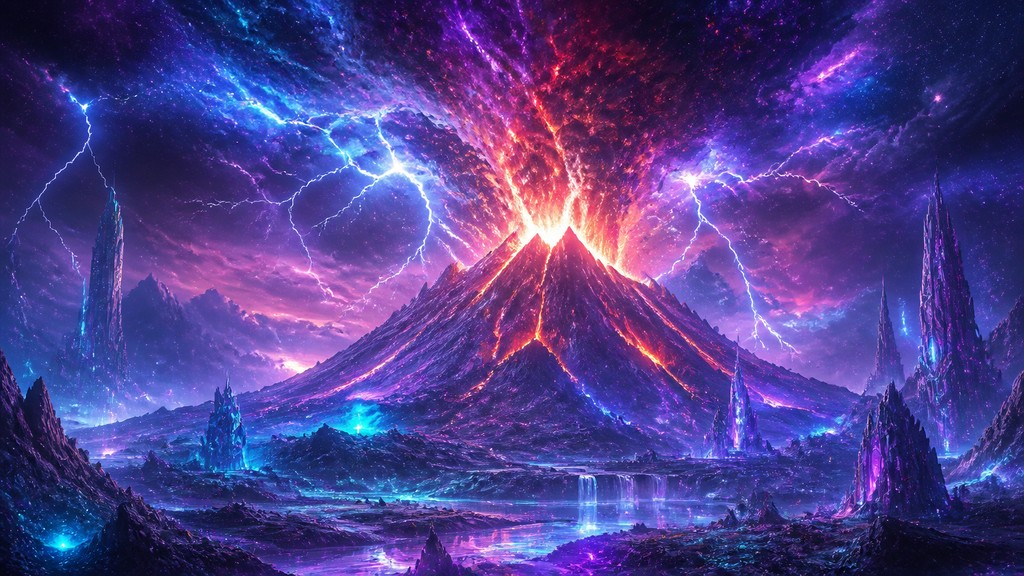 an erupting volcano with lightning strikes, dramatic wide composition, no text