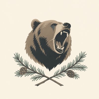 a roaring bear head above crossed pine branches, bold graphic composition on a plain background, no text
