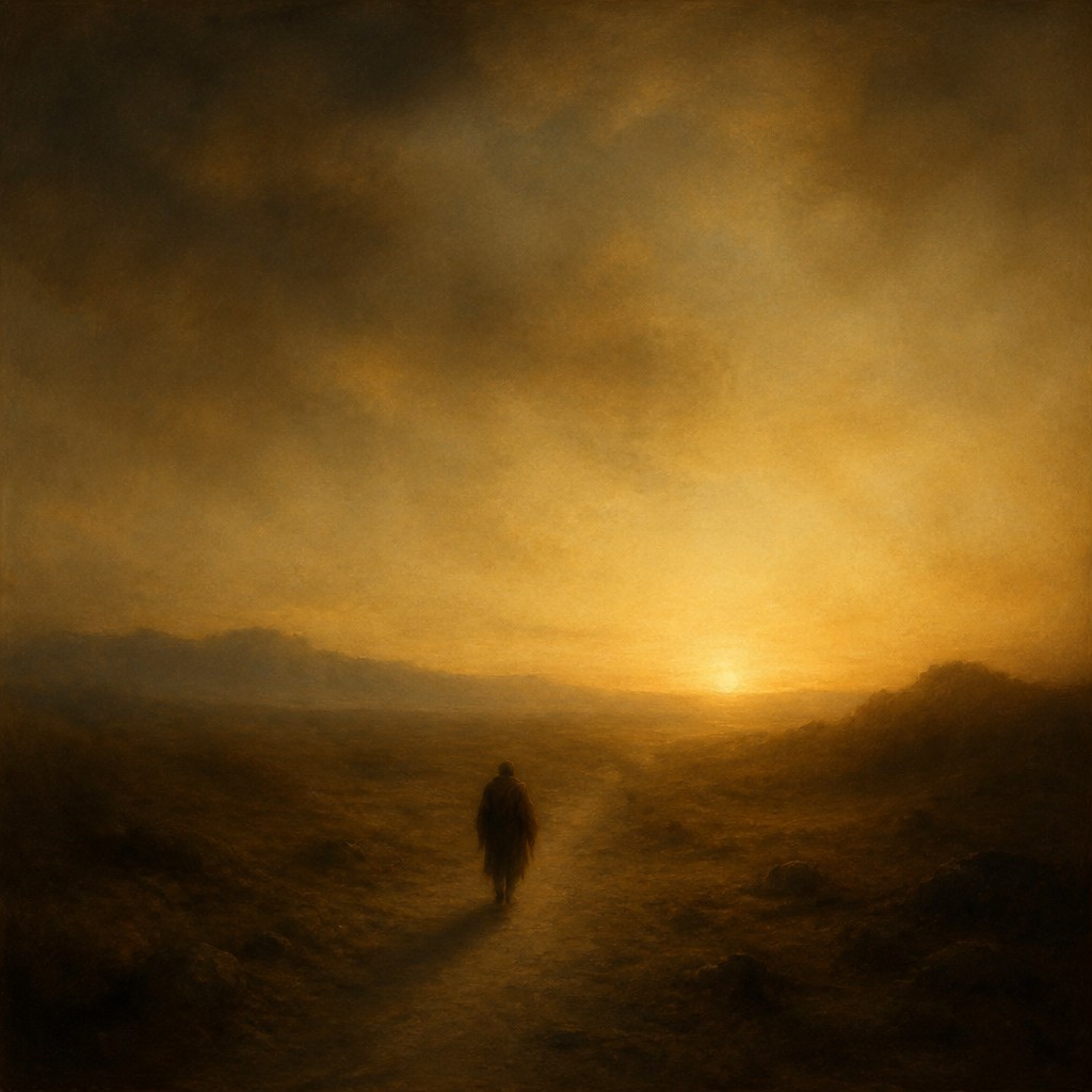 a solitary figure walking toward a glowing horizon across an empty plain, moody atmosphere, no text or lettering