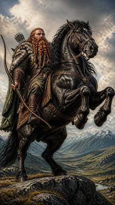 full-body original character: a dwarven ranger with a braided auburn beard, worn leather armor, a longbow and a wolf-pelt cloak, neutral background, no text