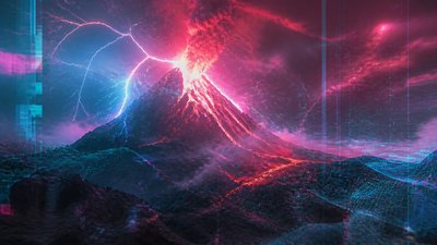 an erupting volcano with lightning strikes, dramatic wide composition, no text