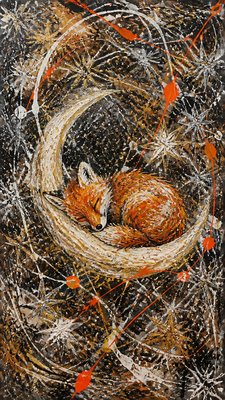 a sleeping baby fox curled on a crescent moon among soft stars, gentle and warm, no text