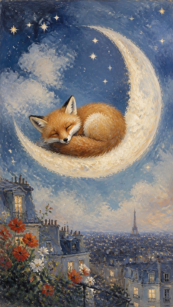 a sleeping baby fox curled on a crescent moon among soft stars, gentle and warm, no text