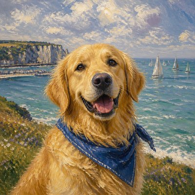 portrait of a golden retriever wearing a blue bandana, warm plain backdrop, no text