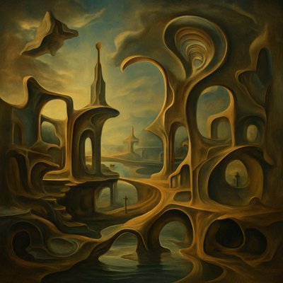 Dreamlike landscape with impossible perspectives in the art style of Surrealism