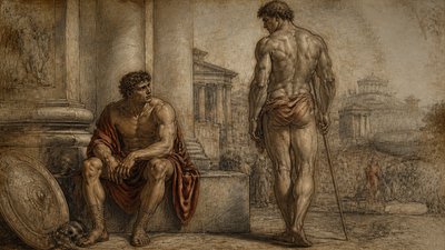 Michelangelo draws two athletes one sitting and one standing