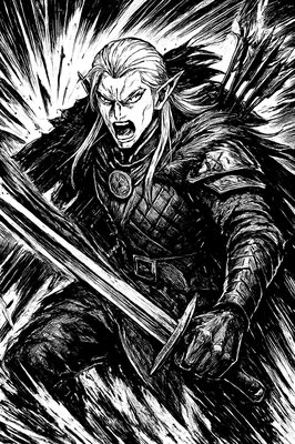 a black and white drawing of a man holding a sword