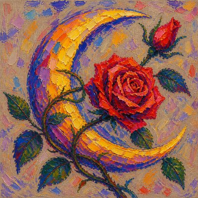 a rose entwined with a crescent moon, clean balanced composition on a plain background, no text
