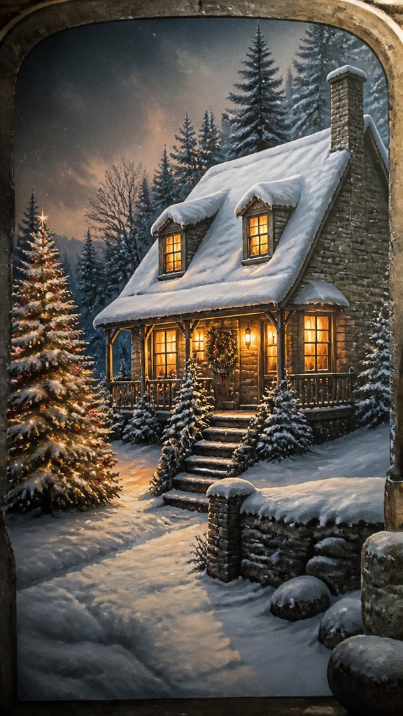 a snow-covered cottage with warm glowing windows beside a decorated pine tree, gentle snowfall, no text