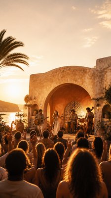 a live music scene with a glowing stage and silhouetted crowd, energetic vertical composition with open space at the top, no text