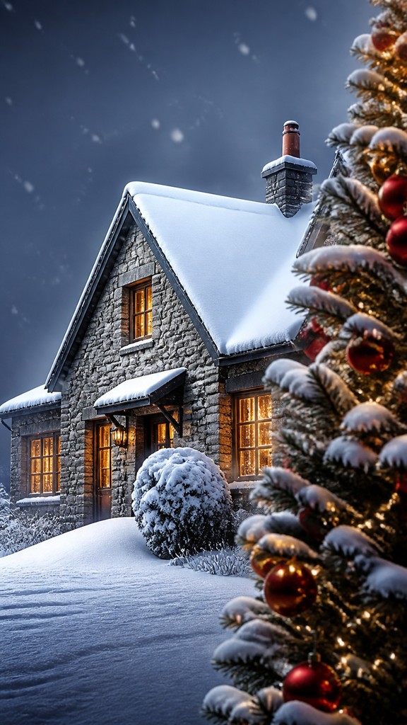 a snow-covered cottage with warm glowing windows beside a decorated pine tree, gentle snowfall, no text