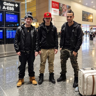 three men standing next to each other in an airport