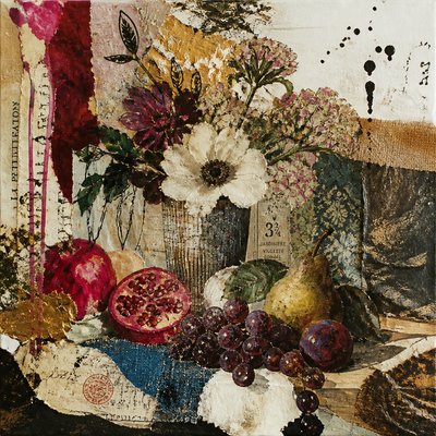 still life arrangement of fruits and flowers