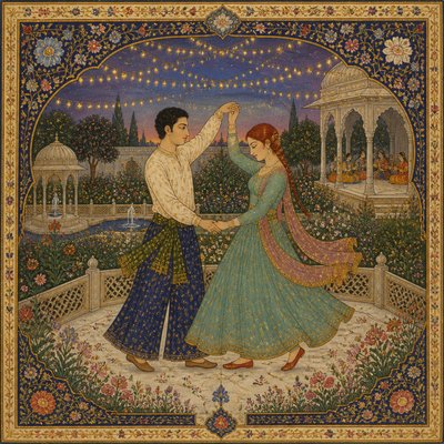 an original couple dancing under string lights in a garden at dusk: a man with short black hair in a linen shirt and a woman with braided red hair in a summer dress
