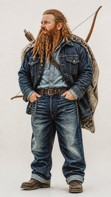 full-body original character: a dwarven ranger with a braided auburn beard, worn leather armor, a longbow and a wolf-pelt cloak, neutral background, no text