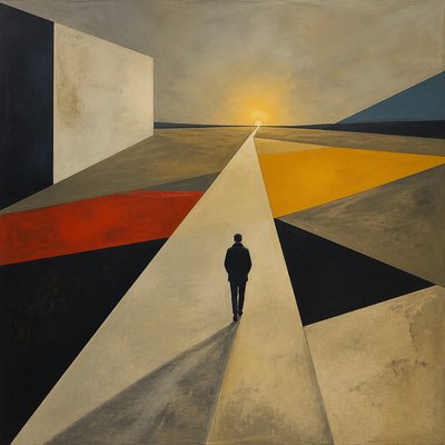 a solitary figure walking toward a glowing horizon across an empty plain, moody atmosphere, no text or lettering