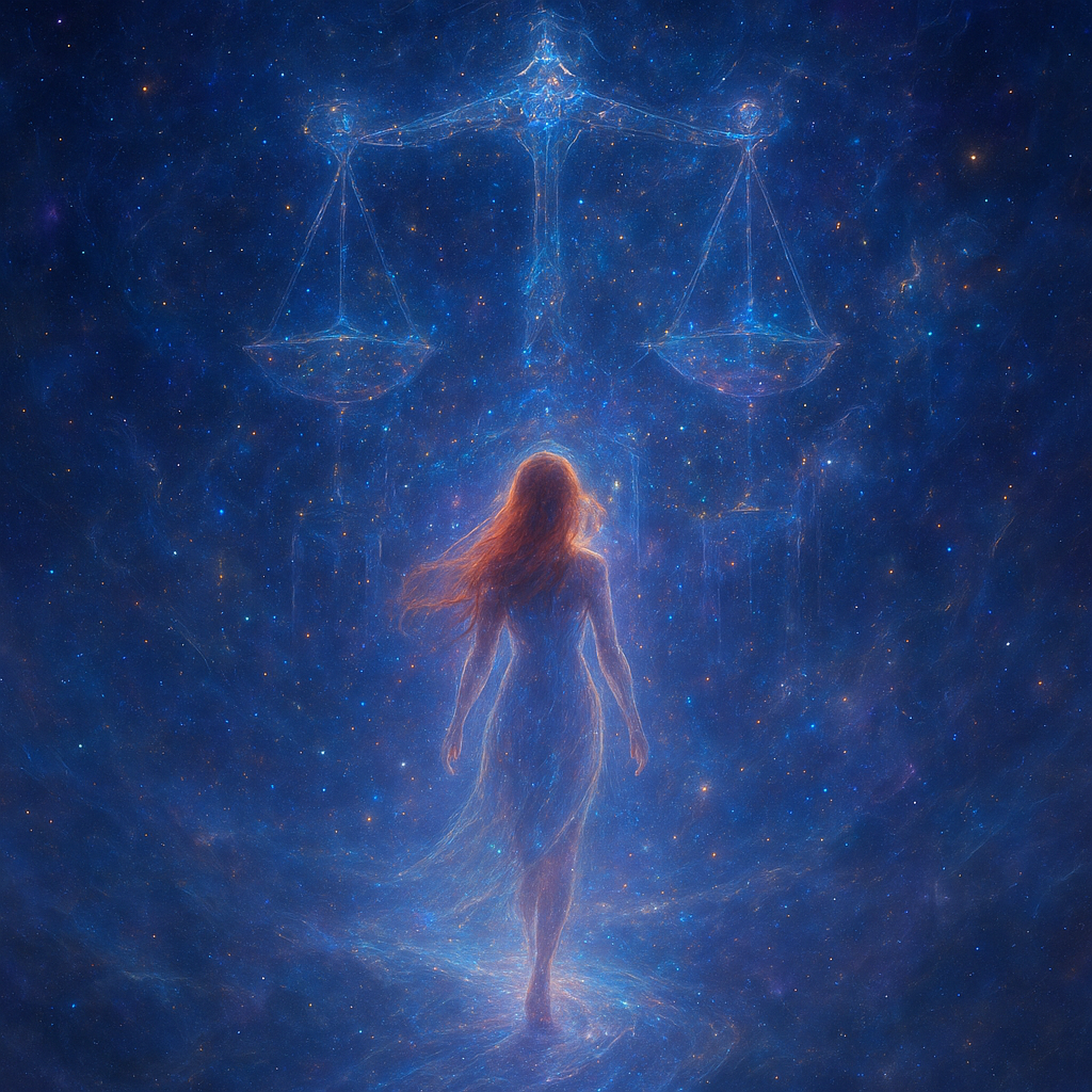 An ethereal and surreal depiction of a figure in a deep dream state, gracefully walking into the heart of the Mountain House constellation, also known as Libra. The figure is a lady with long, flowing red hair, translucent and luminous, radiating a soft inner light, suggesting her non-physical dream presence. She is stepping off a softly glowing, dream-like pathway or ethereal bridge that extends from a misty, dreamscape foreground into the vastness of space.
The Mountain House (Libra) constellation is not just stars but appears as a majestic, floating celestial architecture – perhaps as ancient, star-dusted pillars, balanced cosmic scales, or glowing celestial doorways forming a 'mountain house' structure, built from nebulae and starlight. Within this constellation, gentle cosmic dust, shimmering gas clouds, and distant galaxies are visible, creating a sense of infinite depth.
The dominant colors are soft blues, purples, and deep indigos of space, interwoven with golden and silver light emanating from the stars and the lady's luminous form and radiant red hair. There's a profound sense of peace, wonder, and weightlessness. The atmosphere is serene and magical, conveying the feeling of transcending physical reality and entering a realm of cosmic balance and ancient wisdom. The artistic style is highly fantastical and painterly, with a focus on glowing effects, subtle transparency, and a dreamlike composition.