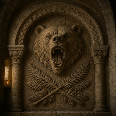 a roaring bear head above crossed pine branches, bold graphic composition on a plain background, no text