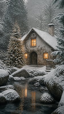 a snow-covered cottage with warm glowing windows beside a decorated pine tree, gentle snowfall, no text
