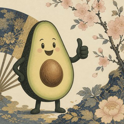 a happy avocado character giving a thumbs up, bold readable design on a plain background, no text
