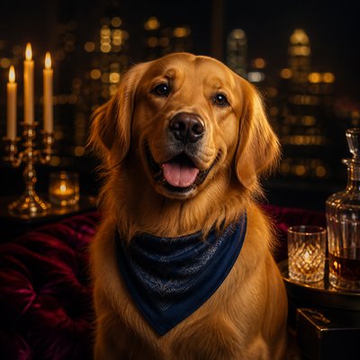 portrait of a golden retriever wearing a blue bandana, warm plain backdrop, no text