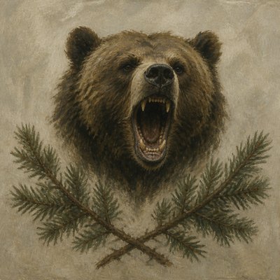 a roaring bear head above crossed pine branches, bold graphic composition on a plain background, no text