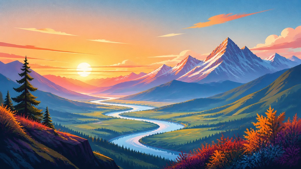 a vast valley with a river winding toward distant mountains at sunrise, no people, no text