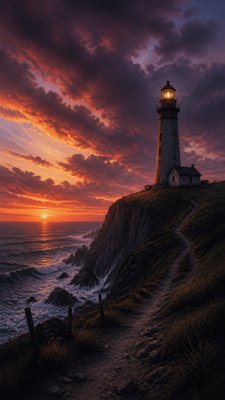 a lone lighthouse on a cliff at dusk under a dramatic sky, no text or lettering