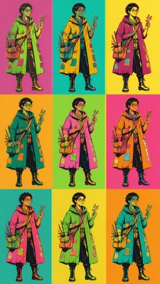 full-body original character: a wandering botanist with a satchel of plants, a patched green cloak, tall boots and round glasses, neutral background