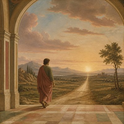 a solitary figure walking toward a glowing horizon across an empty plain, moody atmosphere, no text or lettering
