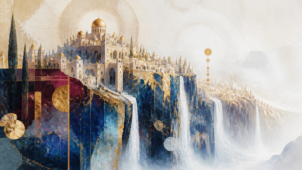 a cliffside city with waterfalls cascading into a misty canyon, wide establishing shot, no people, no text