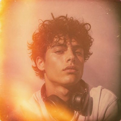 head-and-shoulders portrait of an original character: a young man with curly dark hair and headphones around his neck, plain backdrop, no text