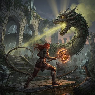 Epic Fantasy Illustration Style, Gritty Cinematic Concept Art, a dynamic, wide-angle action shot of a fierce battle amidst overgrown ancient ruins at twilight. A lady warrior with long red hair clad in practical leather and partial plate armor is in a dynamic combat stance, dodging a massive vine strike. They wield a glowing, enchanted battleaxe that burns with orange fire, striking at the creature. The opponent is a colossal, serpentine Botanical Dragon construct made entirely of writhing, thick poison ivy vines, hairy root systems, and dense clusters of glossy, three-pointed leaves. The "dragon" rears up, its maw a tangled mass of thorns and dripping toxic sap, exhaling clouds of yellowish-green poisonous spores. Its eyes glow with a malevolent verdant light. The ground is treacherous swamp and broken stone. The lighting is dramatic and moody, highlighting the oily sheen of the poisonous leaves and the fire of the warrior's weapon. High detail on the plant textures.