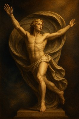 a painting of a man with his arms outstretched