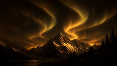 a flowing aurora over snowy peaks, wide sweeping composition, no people, no text