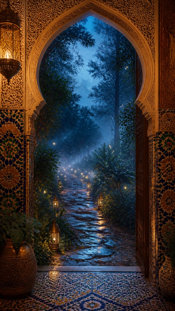 a mysterious forest path with fireflies and drifting mist, atmospheric vertical composition with open space at the top, no text