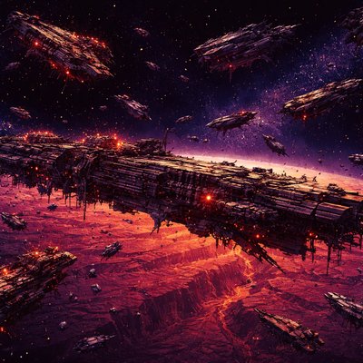 highly detailed 16-bit pixel art, enormous battlefield in orbit of a red desert planet, destroyed retro starships drifting in zero gravity, broken hulls with glowing pixel sparks, long skeletal cruiser stretching across foreground, mid-distance wreckage layers fading into parallax depth, crimson planetary surface below with visible canyon lines, scattered debris fields, drifting escape pods, dark outer space backdrop filled with faint stars, enhanced 16-bit color depth, sharp pixel clusters, cinematic wide shot, dramatic rim lighting on ship edges, rich reds and deep violets, retro sci-fi aesthetic, detailed sprite lighting