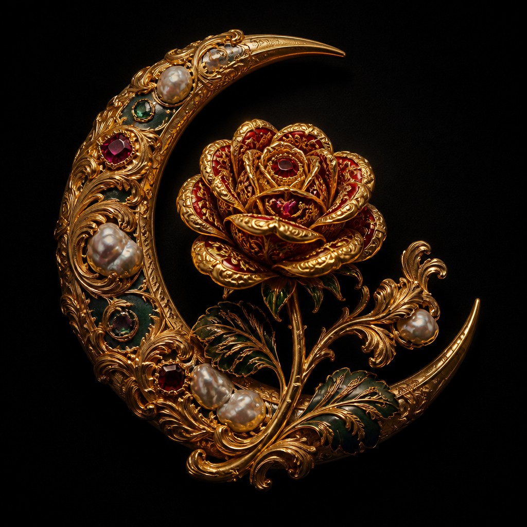 a rose entwined with a crescent moon, clean balanced composition on a plain background, no text