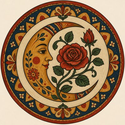 a rose entwined with a crescent moon, clean balanced composition on a plain background, no text